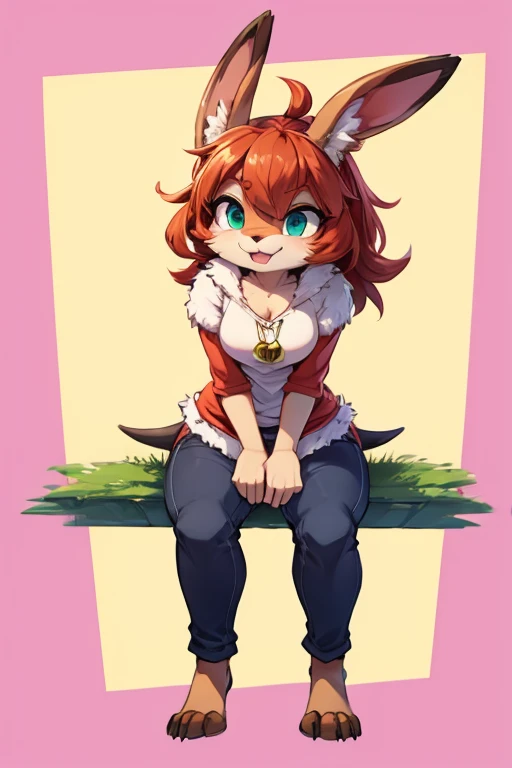 solo, teen fox furry girl with short dark red hair, fluffy hair,, beautiful red eyes, wearing square glasses, very fluffy tail, smug grin 17 years old , very young body, flat chest, innocent and adorable, feminine girl, thin, wearing cute leggings and shirt, tilted head, smiling open mouth, teeth, happy, good mood, sitting in a grassy field surrounded by flowers, wind is blowing, excited, leaning back and relaxing, playful expression, side view