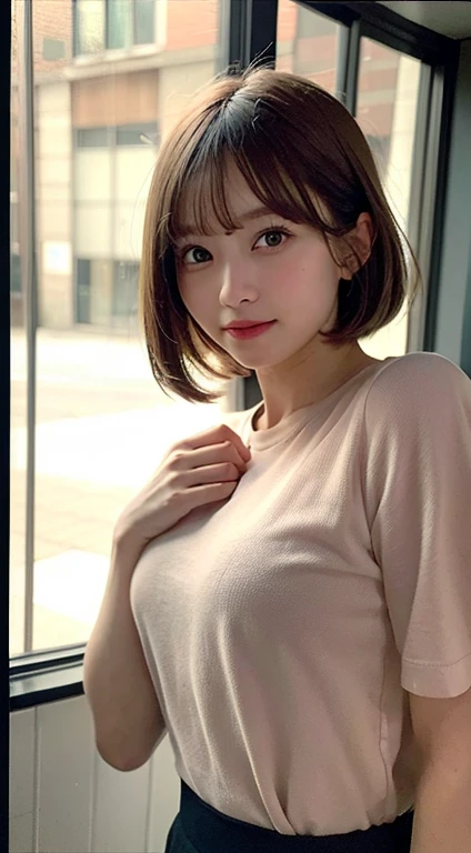 highest quality, 8k, 32k, masterpiece, Ultra-high resolution: 1.3), Attractive Japanese women photos, One Girl, (whole body : 1.0), Abdominal muscles, Perfect body, (Oversized tunic sweater : 1.1), (Ultra-realistic pantyhose:1.1), Highly detailed face, Detailed lips, Fine Eyes, double eyelid,short hair,Disheveled Hair,