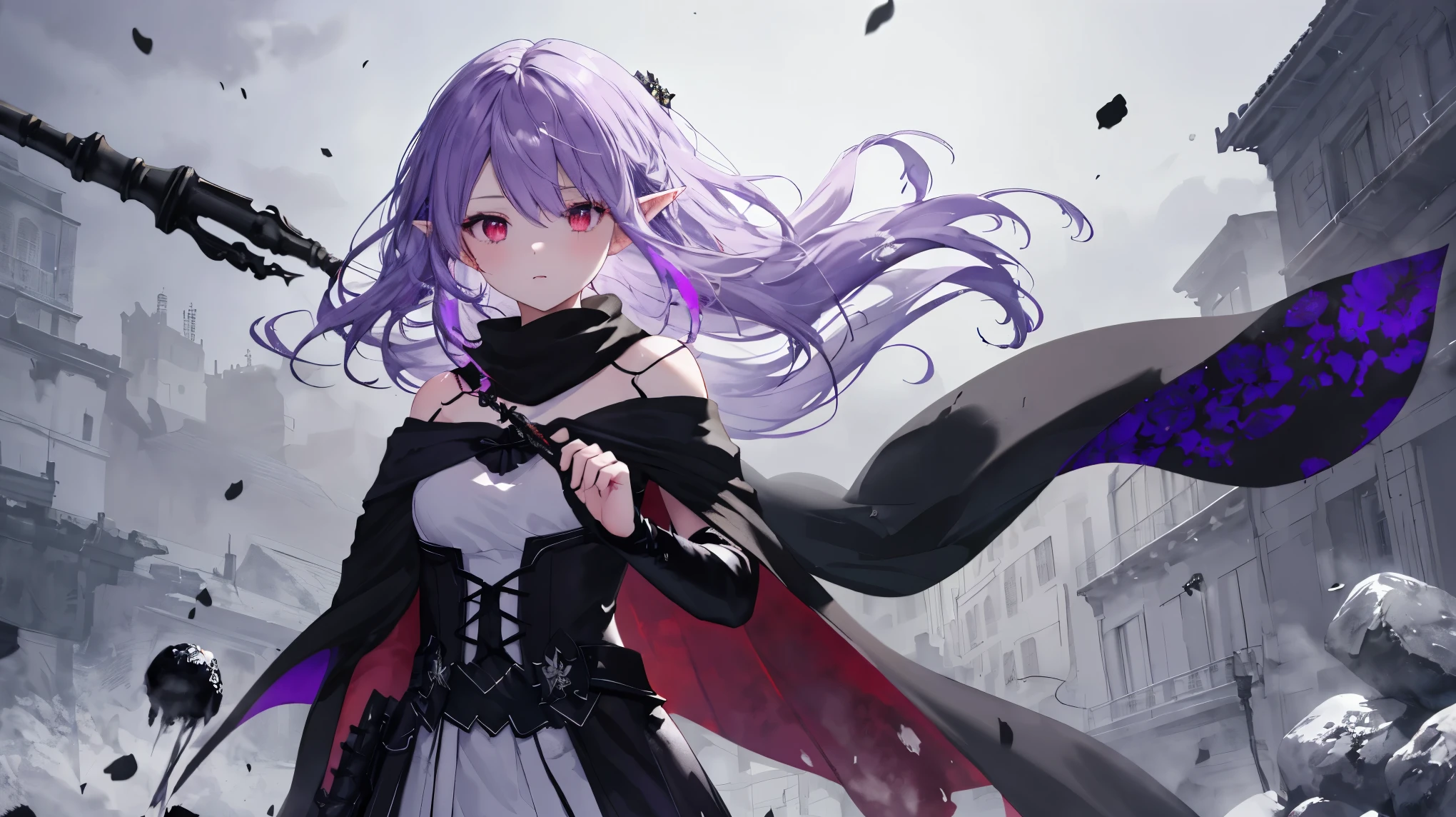        High Quality , masterpiece,   delicate hair  ,     Delicate Eyes Full of Determination   ,   delicate hair  , ((masterpiece, 最       High Quality )),        High Quality , masterpiece,   delicate hair  ,     girl  ,(  purple hair)),((red eyes)), Daikon,Long Hair,Elf Ears,(    Black Longsword     ), (( off-shoulder )), (loose Long Hair),((Black Cape)), (Red Stove      ),scarf,Moon in the Sky, knight ,   Floating purple flower autumn ,        Strong Shadows      ,Ash,,ice,((Ink wAsh painting)),((ink splAshing)),((color splAshing)),