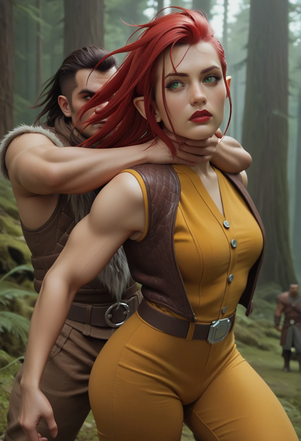 a strong half elven woman with thick chin and nose and lips, with red lipstick, with long red mane and a straight thick nose and small triangular and pointy ears, face resembling Samus Aran with loose mane, with small pointy ears through the spiky mane, green eyes, wearing a brown vest and low mid hip cut brown trousers, medium ass and biggish breasts, in a forest, winning a fight against a male orc savage