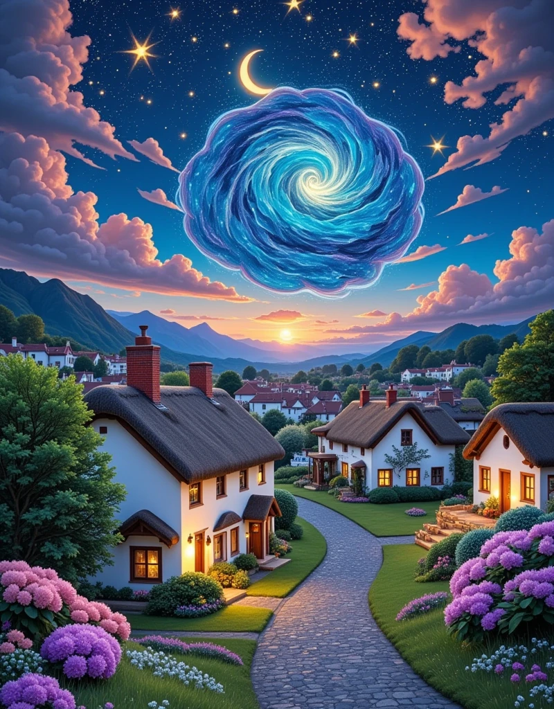 A picturesque Irish village, nestled in a lush, rolling landscape. Traditional thatched cottages with white walls and brightly painted doors crowd along winding streets. The serene twilight sky overhead is a blend of deep blues and purples, reminiscent of pre-1912 post-impressionist art, with the mood and techniques similar to those employed by Van Gogh. A plethora of shimmering, swirling stars effuse a warm, magical glow, while a radiant, crescent moon hangs low in the sky. The village is steeped in tranquility, echoing the silent whispers of the stars and the gentle rustling of the verdant foliage.