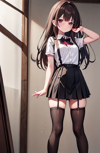 Brown Hair、Looking at the audience suspenders bulging big breasts Black mini skirt garter belt Knee-high socks sight Small face bangs beauty Show your hand sight Black boots Taunt Armpit sweat One person Place your hands behind your back Dress shirt Panty shot