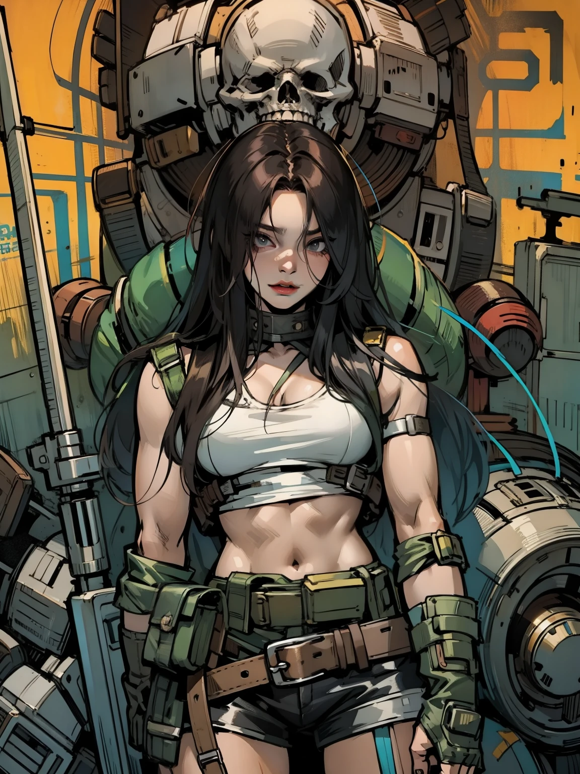 A post-apocalyptic warrior, uma mulher de 35 anos quase nua no estilo Simon Bisley para a capa da revista Heavy Metal, cabelo metade preto metade branco, Minimum clothing, roupas curtas,