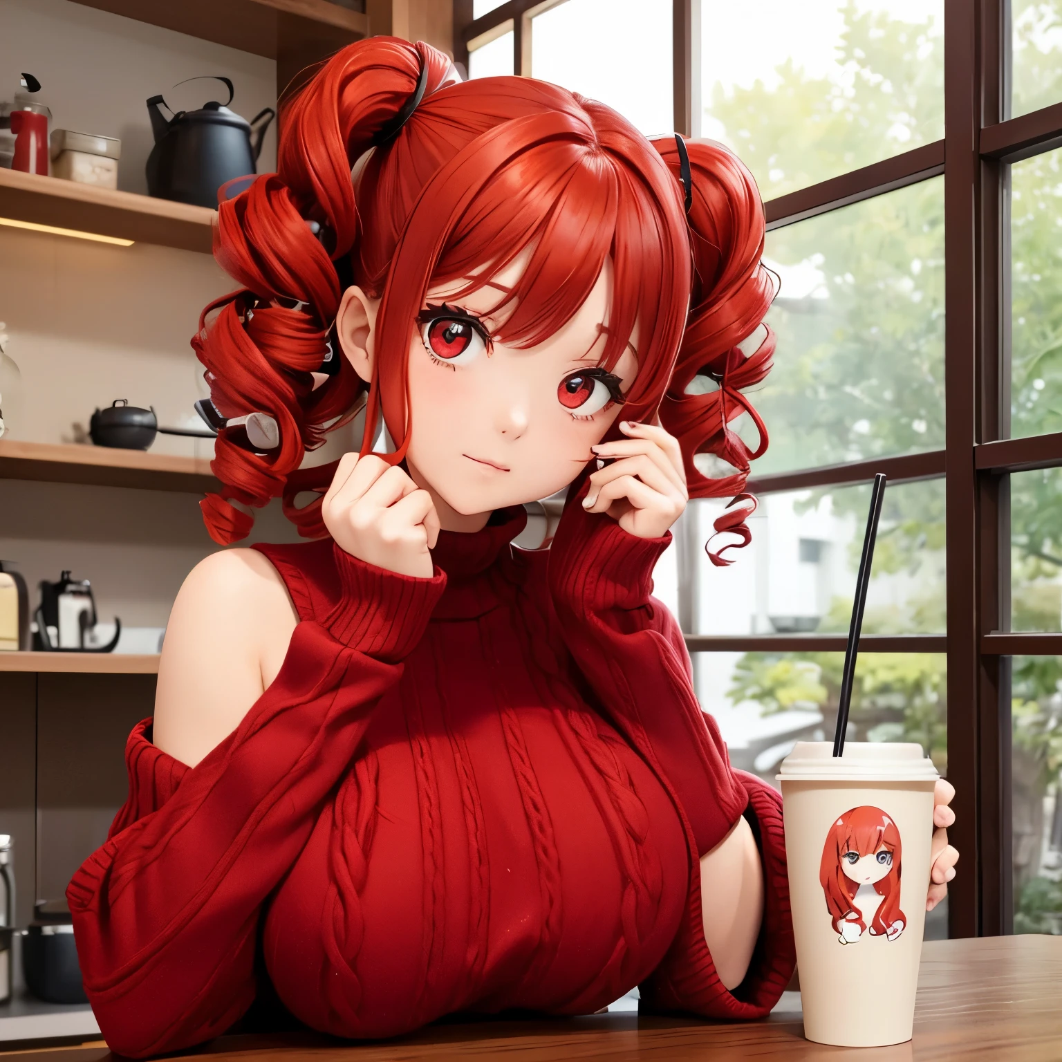  side-top twin tails、Red Curly Hair、bangs、 slim body、 Big Breasts 、 ball shaped breasts 、Red eyes、 red contact lenses、 hair between eyes、Red Hair、Kind Face、drill curls 、 beautiful Japanese woman、Five fingers、Real women、 plump body 、indoor、Woolen sweater、Drink hot coffee at home