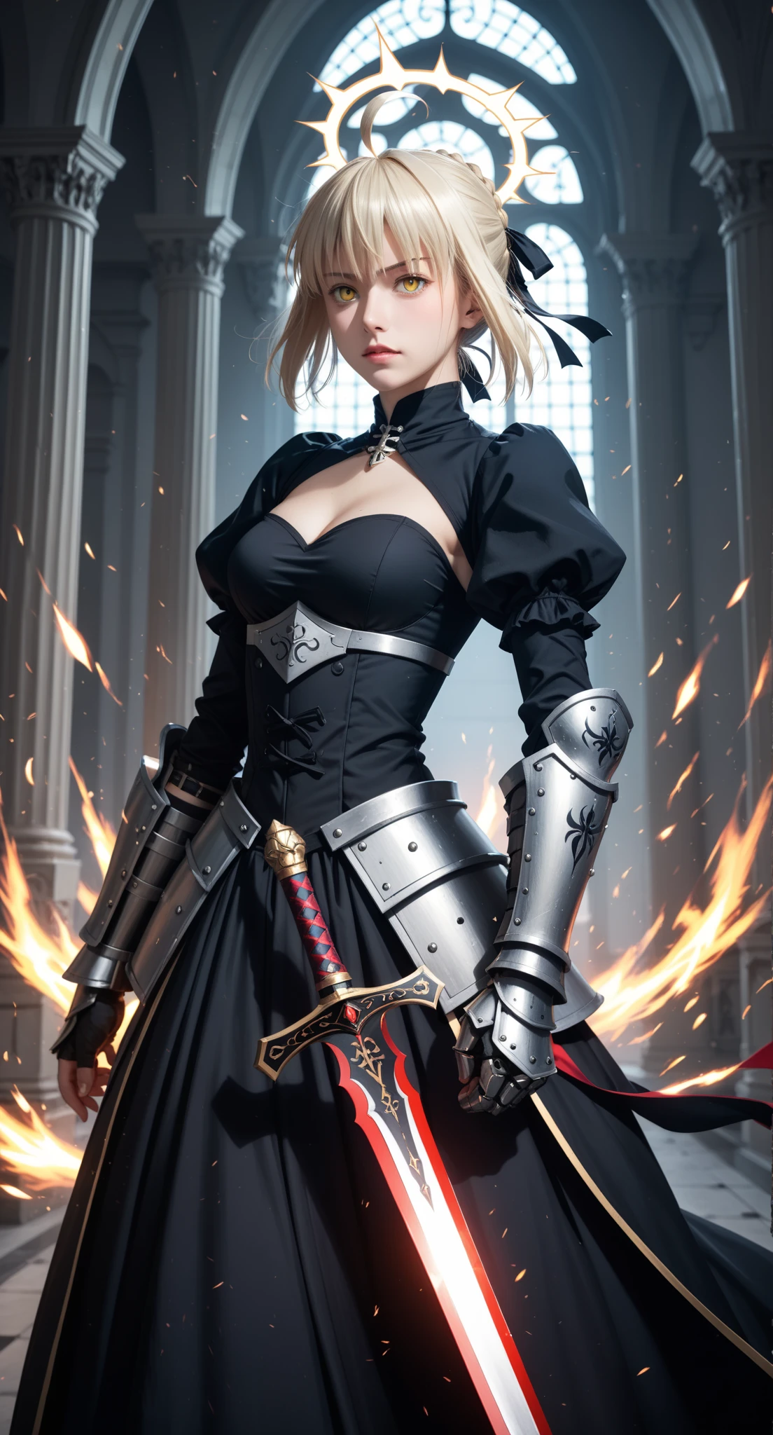 core_9, score_8_up, score_7_up, masterpiece, centered, cowboy shot, saber_alter, fate_(series), 1girl, blonde_hair, yellow_eyes, weapon, ahoge, holding sword, armor, standing, black dress, gauntlets, excalibur (fate/stay night), ribbon, hands on hilt, armored dress, halo, hair ribbon, caliburn (fate), puffy sleeve, medium breast, majestic, regal,
