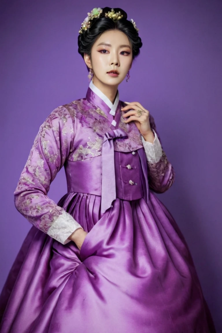 A Korean man in ladies victorian dresses, satin, he is crossdresser, big breasts like a woman, slender female body, His hairstyle is short and manly, long sleeves, purple, medieval noblewoman costume, rococo dress, silk