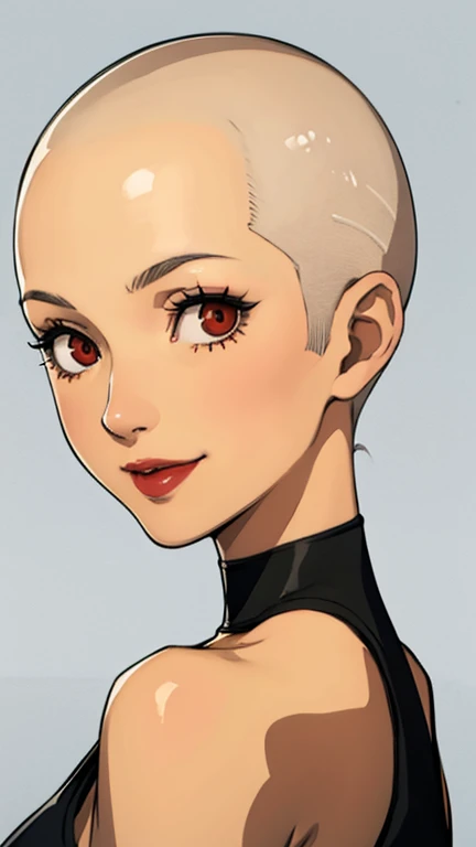 1 girl, milf, Red eyes, very short hair, black choker, lipstick, smile, white hair, tank top, medium breast, portrait, face portrait, wheatskin, tank top, tomboy buzzcut hairstyle