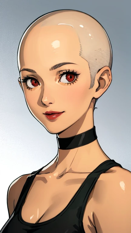 1 girl, milf, Red eyes, very short hair, black choker, lipstick, smile, white hair, tank top, medium breast, portrait, face portrait, wheatskin, tank top, tomboy buzzcut hairstyle