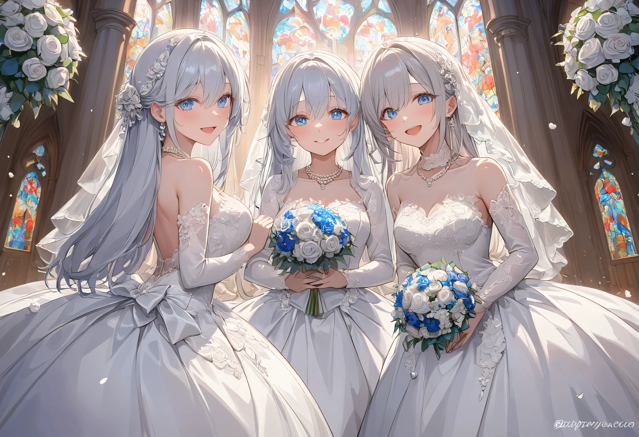 (((Best quality, 8k, Masterpiece: 1.3)), ((best quality)), ((masterpiece)), (detailed), perfect face, perfect body, (detailed skin:1.3), (intricate details), Ball gown wedding dress, pearl necklace, bouquet, Silver hair, straight hair, blue eyes, Wedding Rings, snow White, Chapel, happy, smile, solo