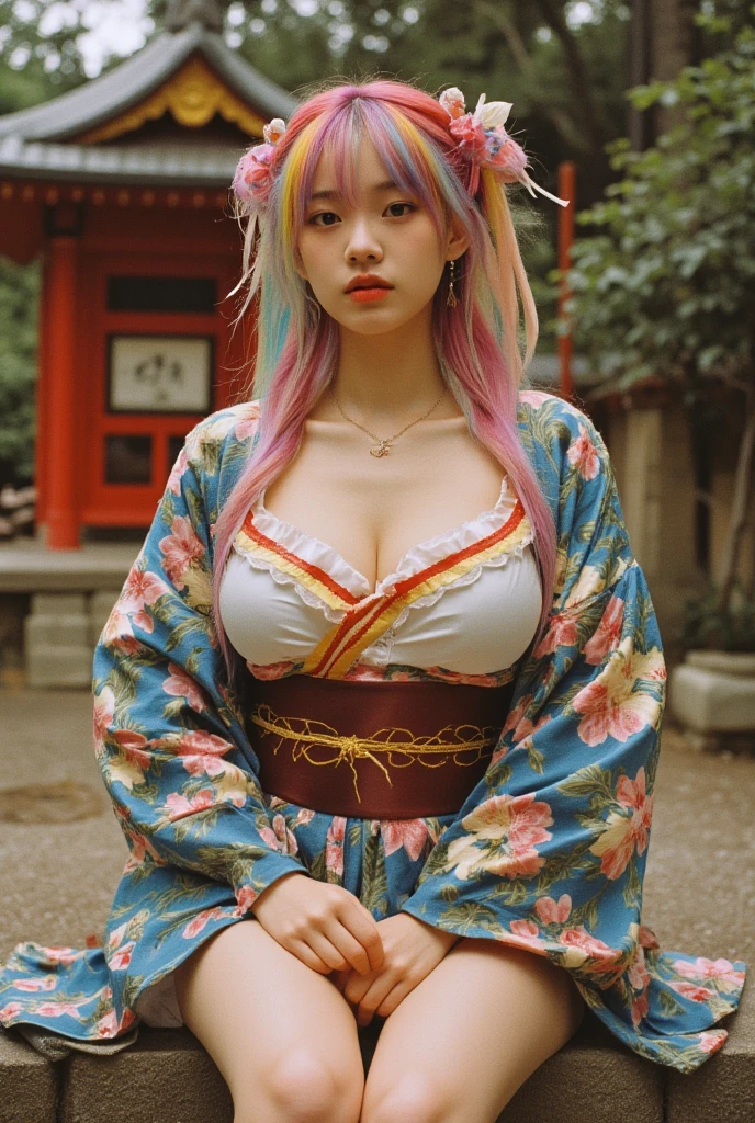 traptrixmantis,short,the most beautiful highly detailed layed kimono with sash and ribbons,solo, 1girl rainbow colored hair,full body, massive accentuated super huge enormously gigantic breasts cleavage, biy , sitting spreading her legs open, Shinto shrine background,masterpiece,solo,beautiful detailed eyes,finely detail,detailed face,vivid color,5 fingers,finely detailed,hyper detailed,detailed hand,8k,finely detailed beautiful eyes,high resolution illustration,best quality,