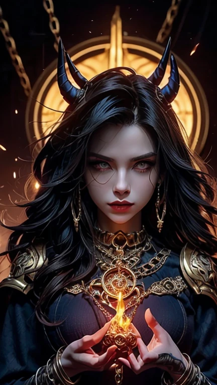 A powerful and mystical female demon with glowing blue energy flowing through her body. She has large, curved horns and intricate tattoos glowing with a bright blue hue across her muscular yet feminine physique. Her piercing eyes glow intensely, and her long, flowing hair radiates with energy. She wields two magical circles in her hands, radiating a bluish aura, while surrounded by a fiery background with orange and blue flames. Her outfit consists of dark, gothic armor with ornate patterns, chains, and skull motifs, emphasizing her commanding presence. The scene is dark, mysterious, and otherworldly, half-body perspective.