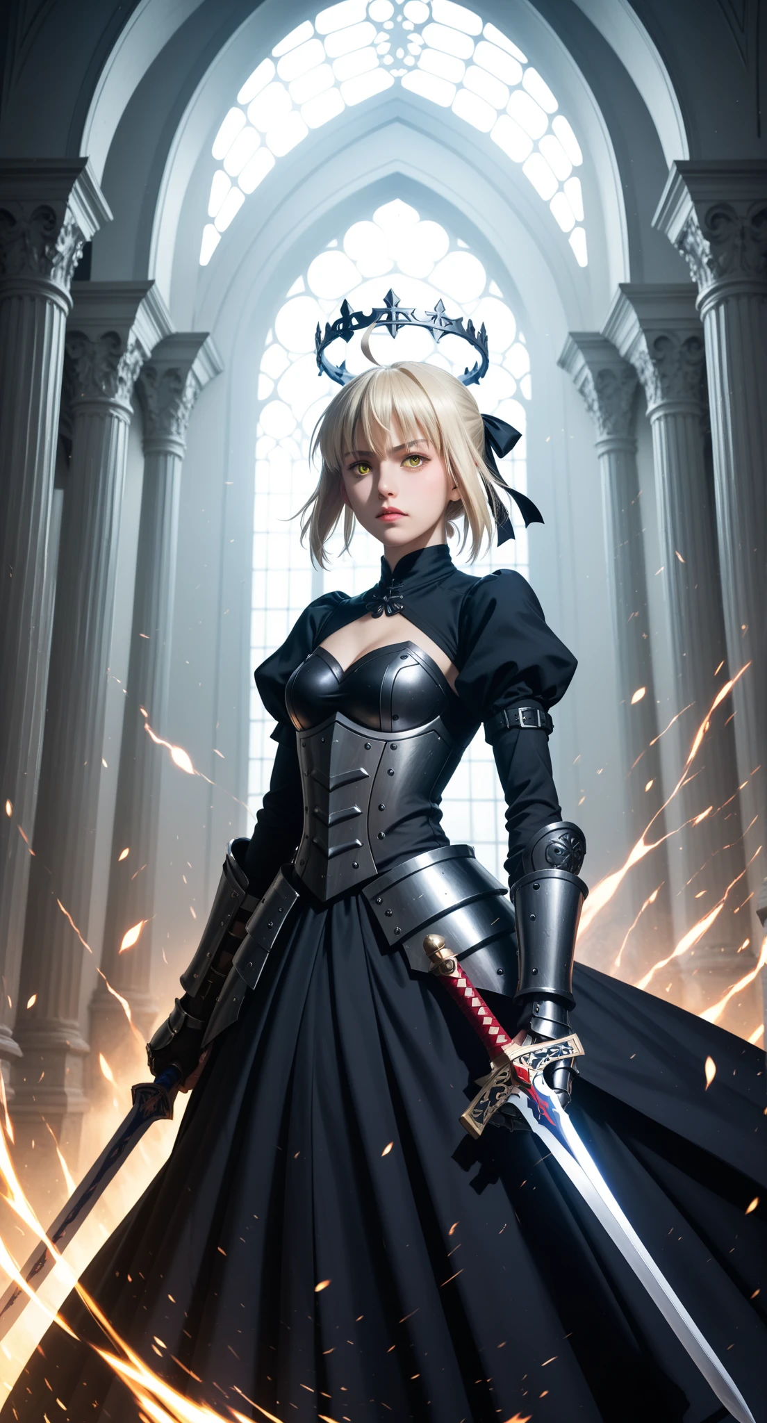 core_9, score_8_up, score_7_up, masterpiece, centered, cowboy shot, saber_alter, fate_(series), 1girl, blonde_hair, yellow_eyes, weapon, ahoge, holding sword, armor, standing, black dress, gauntlets, excalibur (fate/stay night), ribbon, hands on hilt, armored dress, halo, hair ribbon, caliburn (fate), puffy sleeve, medium breast, majestic, regal,
