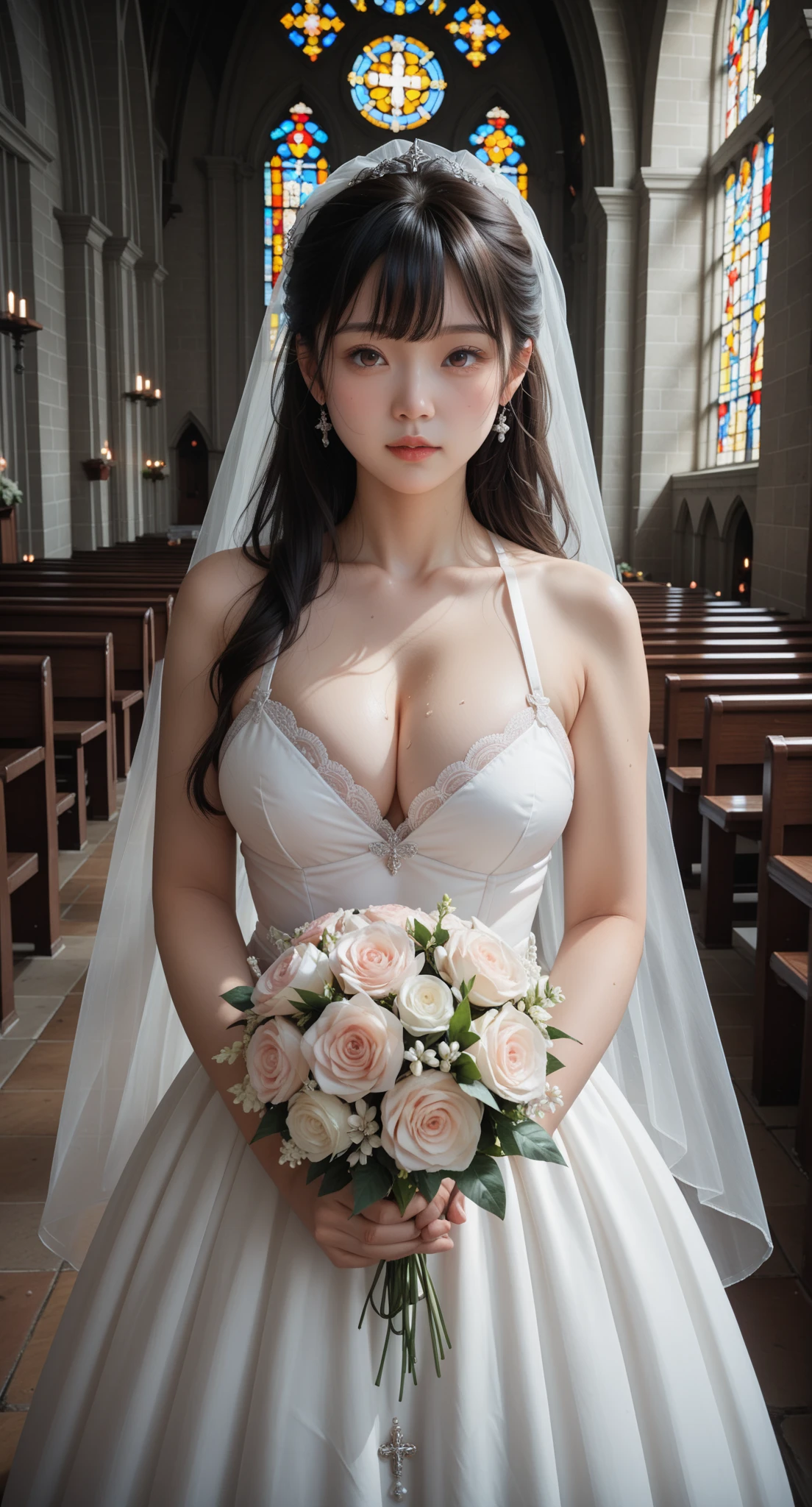 core_9, score_8_up, score_7_up, masterpiece, centered, cowboy shot, 1girl, solo, young girl, looking at viewer, (long hair, black hair, bangs, brown eyes), big breasts, cleavage, wedding dress, bouquet, (cold light, church:1.3),
