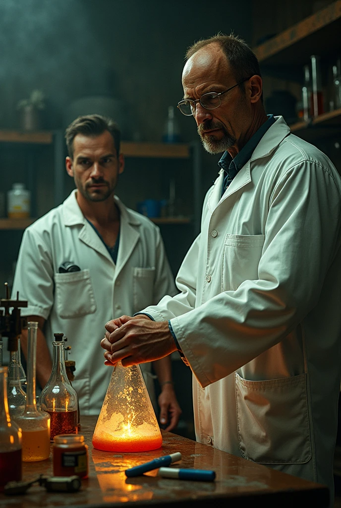Scientist man in front, hands in front, big teats, detailded, num horror atmosphere, HD, ultrarealisitic, holding a glass bottle with green liquid, hands with 5 fingers each, detailed, realisitic