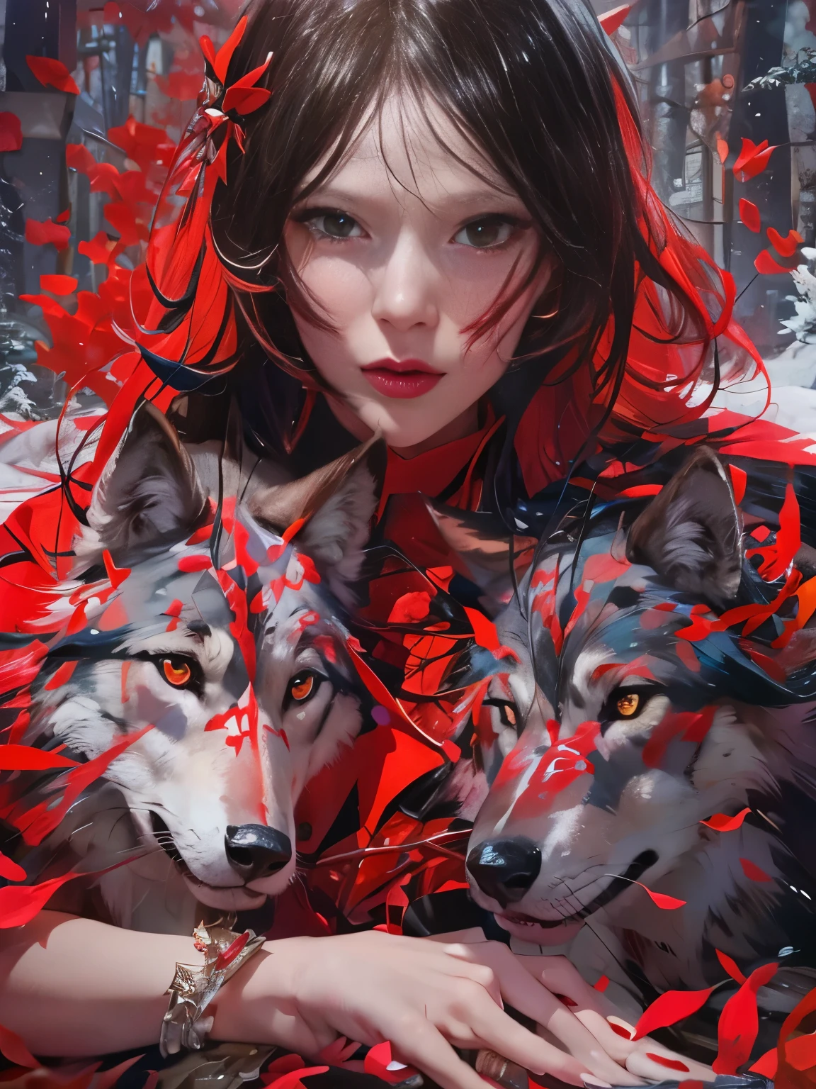 A fierce redhead warrior, Red Sonja, with her companion a huge giant wolf in a snowy landscape, blood stains on the pristine white snow , ultra detailed,,vivid colors,bokeh,portraits,concept art,dramatic lighting,cold tones,snow, ice, winter, art inspired by Bill Sienkiewicz