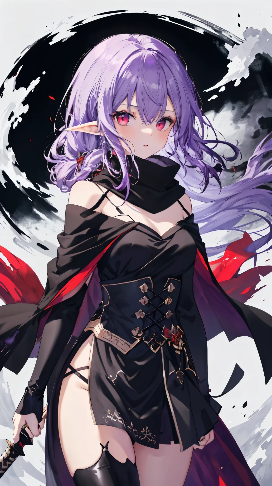        High Quality , masterpiece,   delicate hair  ,     Delicate Eyes Full of Determination   ,   delicate hair  , ((masterpiece, 最       High Quality )),        High Quality , masterpiece,   delicate hair  ,     girl  ,(  purple hair)),((red eyes)), Daikon,Long Hair,Elf Ears,(    Black Longsword     ), (( off-shoulder )), (loose Long Hair),((Black Cape)), (Red Stove      ),scarf,Moon in the Sky, knight ,   Floating purple flower autumn ,        Strong Shadows      ,Ash,,ice,((Ink wAsh painting)),((ink splAshing)),((color splAshing)),