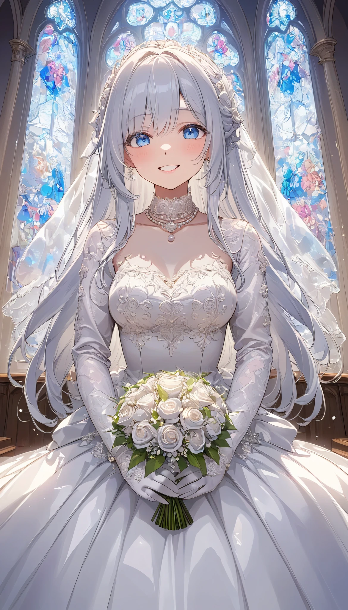 (((Best quality, 8k, Masterpiece: 1.3)), ((best quality)), ((masterpiece)), (detailed), perfect face, perfect body, (detailed skin:1.3), (intricate details), Ball gown wedding dress, pearl necklace, bouquet, Silver hair, straight hair, blue eyes, Wedding Rings, snow White, Chapel, happy, smile, solo