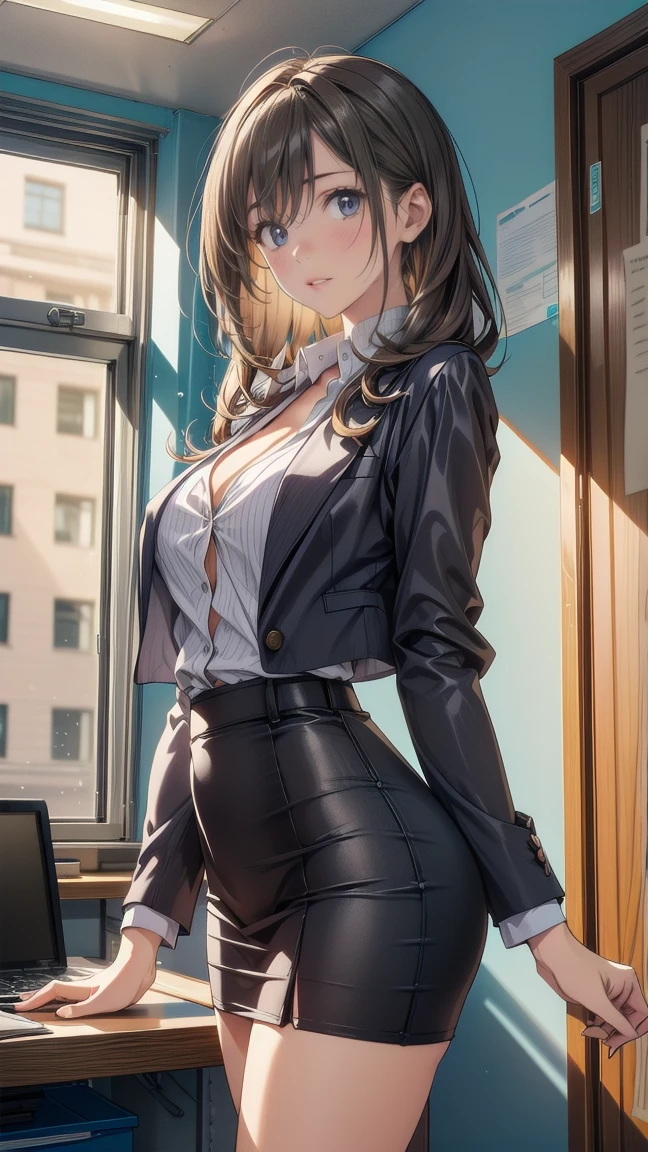 highest quality, Tabletop, Beautiful mature woman、Beautiful Face、Faint-hearted woman、Office Suits、Tight mini skirt、Brown haired、Brown eyes、Long Hair、Small eyes、Looks like a whole body、Plump body