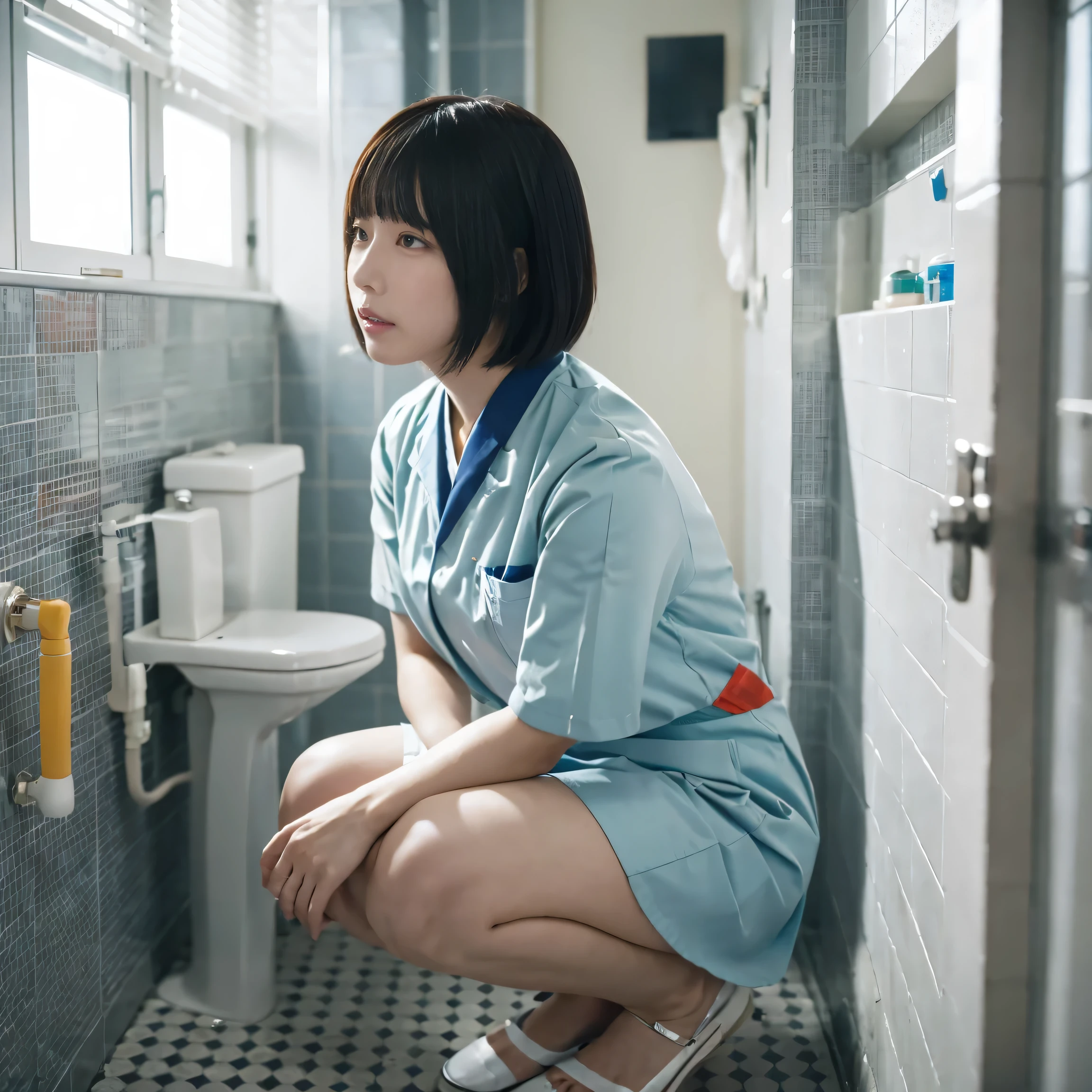 is assisting with urination in the male toilet30A -old ale nurse 、 short hair on the side of the uniform