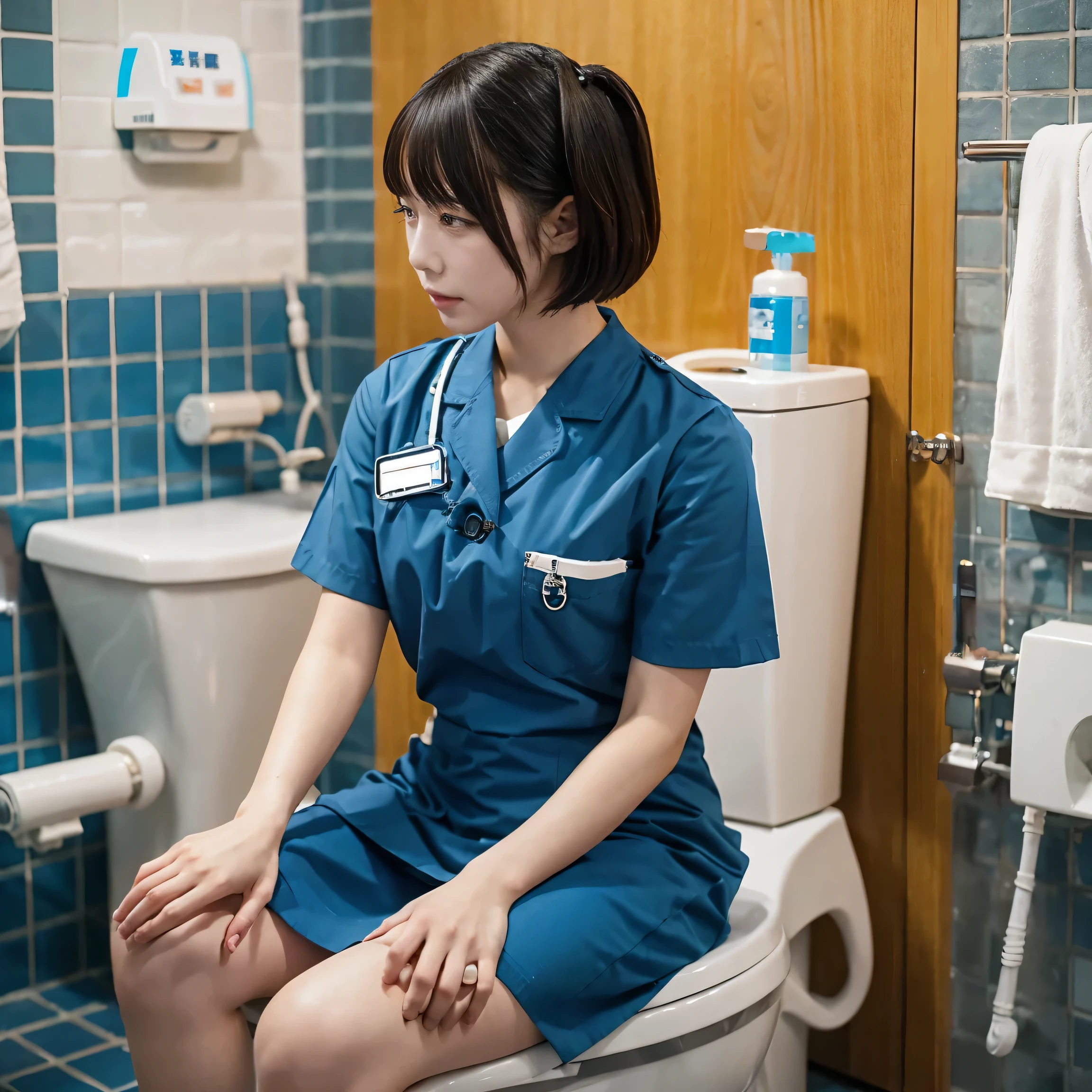 is assisting with urination in the male toilet30A -old ale nurse 、 short hair on the side of the uniform