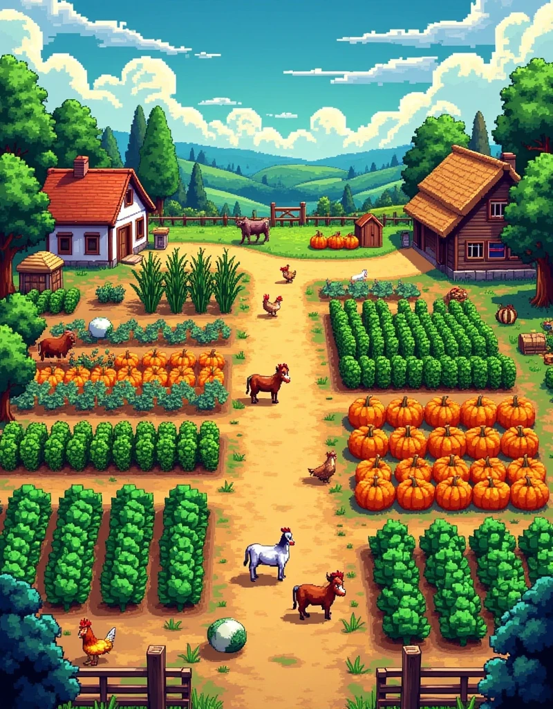 A picturesque landscape of a farm from a top-down perspective, reminiscent of the charming pixel art style seen in the popular video game Stardew Valley. The scene is set during the day, with a bright and clear sky overhead. In the foreground, a variety of vibrant crops are neatly organized in rows: plump pumpkins, tall corn stalks, and lush green cabbage. Scattered around are some farm animals: a few chickens pecking at the ground, cows grazing slightly off to the side, and a faithful brown workhorse near a rustic wooden barn. To the far left, a quaint farmhouse with a thatched roof is seen amidst the beautiful, pastoral surroundings.