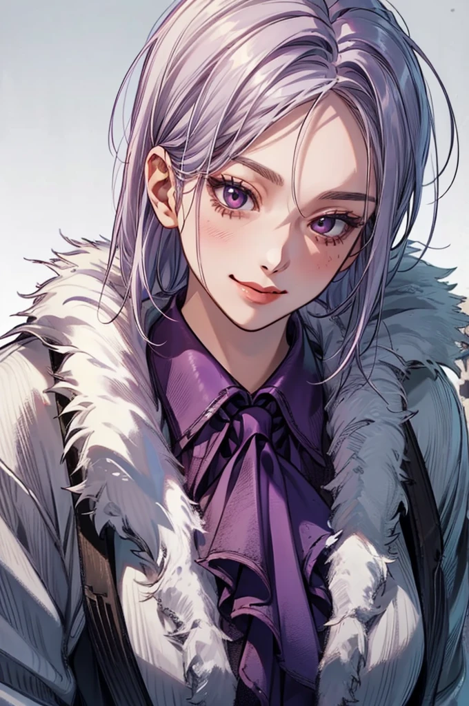 1 Girl, Yun Jin Lee, dead by daylight, Light Purple Straight Hair, White Faux Fur Short Shrug Jacket, Purple Tie Neck Ruffle Trim Satin Blouse, light smile, close up, 