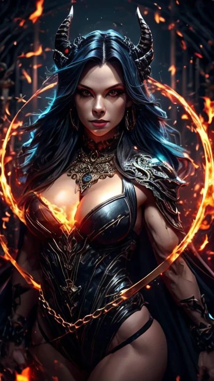 A powerful and mystical female demon with glowing blue energy flowing through her body. She has large, curved horns and intricate tattoos glowing with a bright blue hue across her muscular yet feminine physique. Her piercing eyes glow intensely, and her long, flowing hair radiates with energy. She wields two magical circles in her hands, radiating a bluish aura, while surrounded by a fiery background with orange and blue flames. Her outfit consists of dark, gothic armor with ornate patterns, chains, and skull motifs, emphasizing her commanding presence. The scene is dark, mysterious, and otherworldly, half-body perspective.