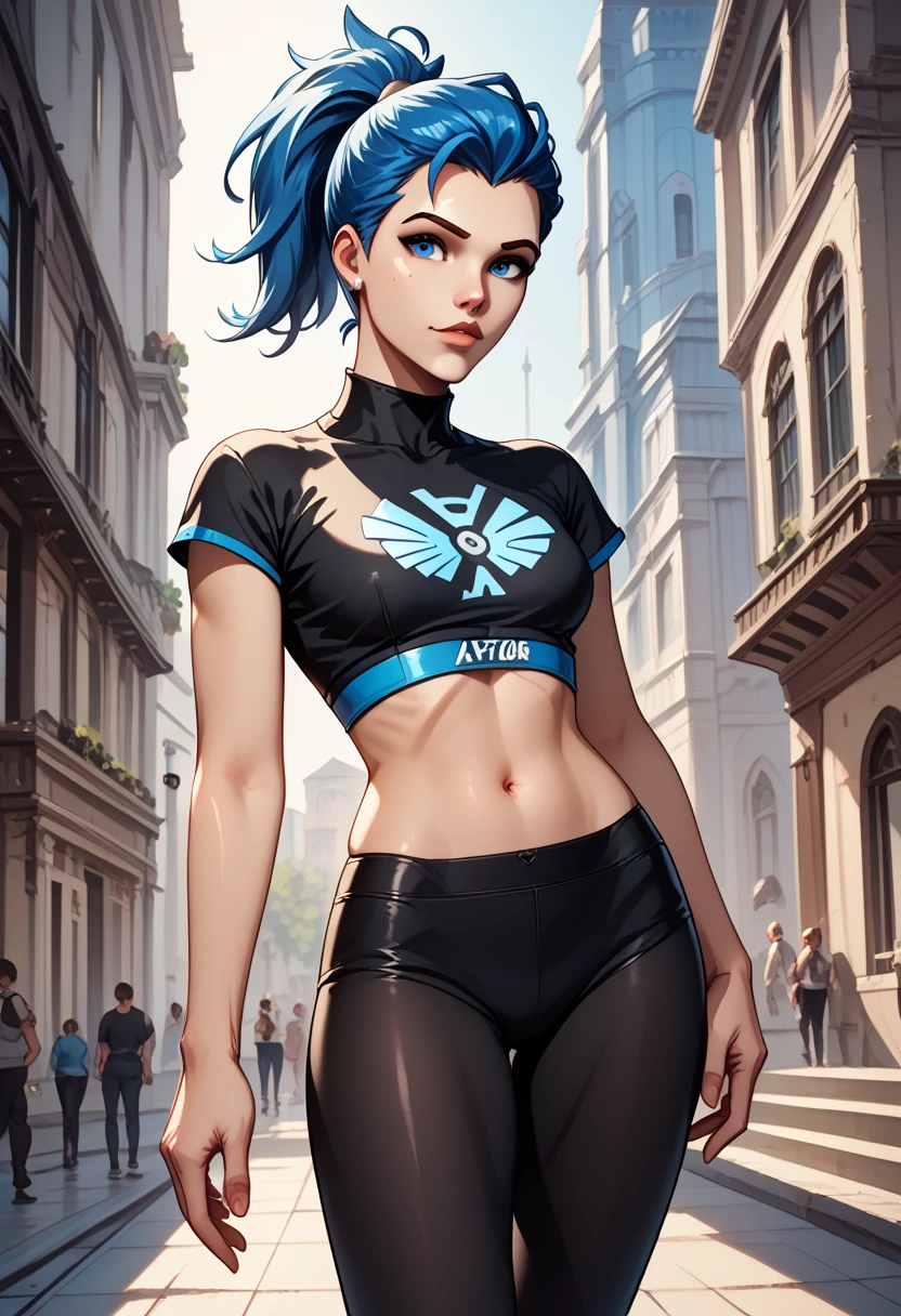 1 ,(Alone), (cowboy shot:1.4), (masterpiece:1.2), ( best quality:1.2), looking at the viewer , dynamic pose , ( ultra detailed ), perfect eyes,blue eyes, short blond hair,short and high ponytail,compassion/(Overwatch/),asas duplas, leggings preto e azul,Black crop top, 