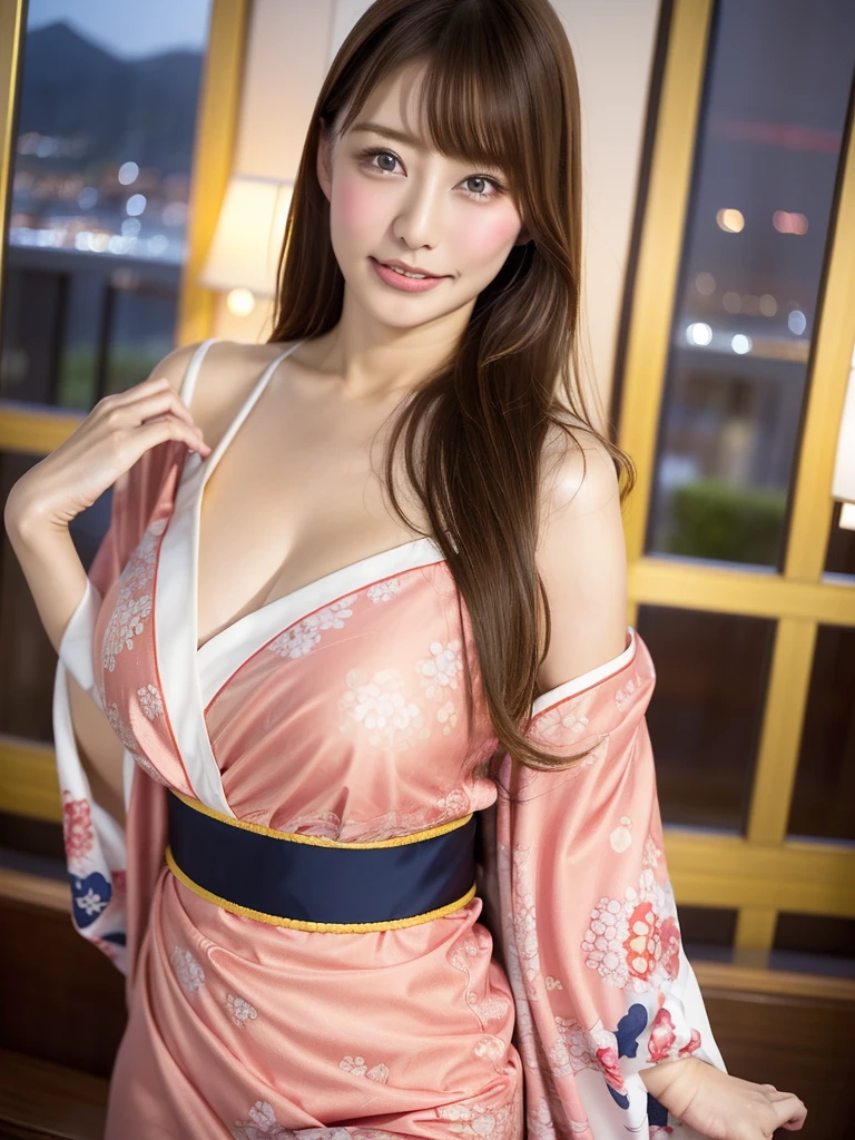  High Quality、16k、 greatest masterpiece、Hotel with a night view、On the bed、A window on one side 、Beautiful Mature Woman VN03, Bewitching beautiful mature woman、25 years、well-proportioned figure、The figure of the hourglass、Kimono with traditional Japanese patterns、Yukata with traditional Japanese patterns、Shoulder out、   clavicle   、 J cup big breasts、model in Japan、Japan sensual woman, Gorgeous Japan Woman, goddess of Japan, A smile、Raw photo, (in 8K、top-quality、​masterpiece:1.2)、(intricate detailes:1.4)、(Photorealistic:1.4)、octane renderings、Complex 3D rendering ultra detail, studio lights, Rim Lights, vibrant detail, super detailing, realistic skin textures, Detail Face, Beautiful detail eyes, Very detailed CG Unity 16k wallpaper, make - up, (detailedbackground:1.2),　shinny skin、
Hotel with a night view、On the bed、A window on one side 、Full Body Shot、Erect nipples