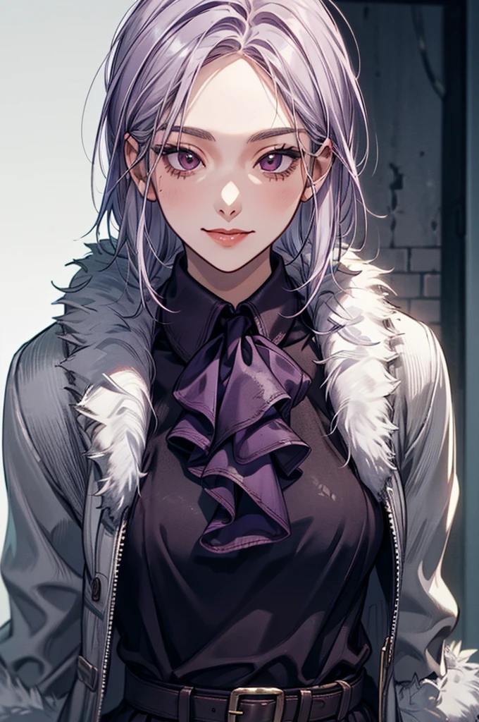 1 Girl, Yun Jin Lee, dead by daylight, Light Purple Straight Hair, White Faux Fur Short Shrug Jacket, Purple Tie Neck Ruffle Trim Satin Blouse, light smile, close up, 