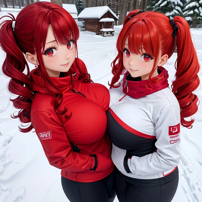  side-top twin tails、Red Curly Hair、bangs、 slim body、 Big Breasts 、 ball shaped breasts 、Red eyes、 red contact lenses、 hair between eyes、Red Hair、Kind Face、drill curls 、 beautiful Japanese woman、Five fingers、Real women、 plump body 、Outdoor、Wear ski wear and ski