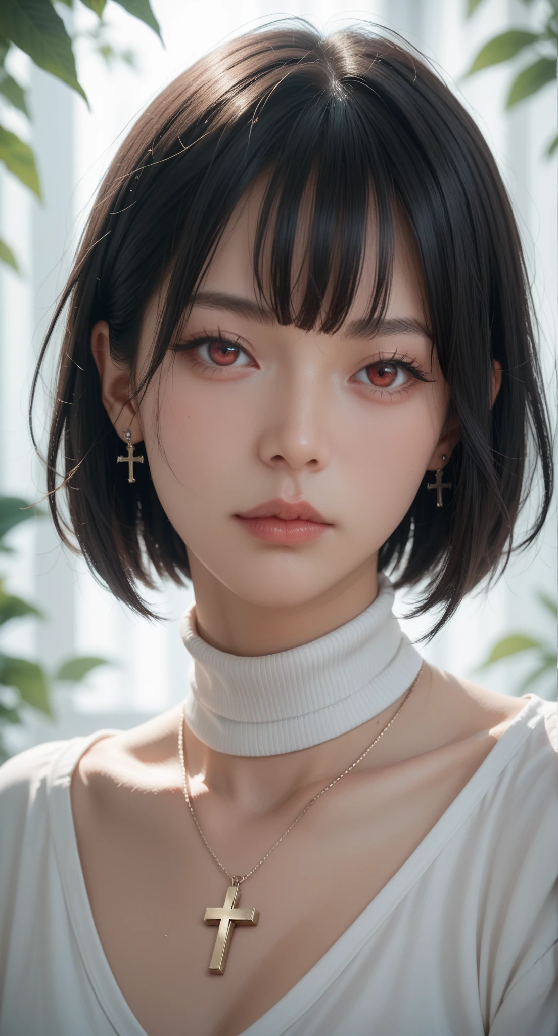 score_9, score_8_up, score_7_up, score_6_up, 1girl, solo, short hair, black hair, jewelry, looking at viewer, necklace, cross, portrait, bangs, red eyes, closed mouth, turtleneck, blurry background, cross necklace, lips, piercing, blurry, bob cut, eyelashes