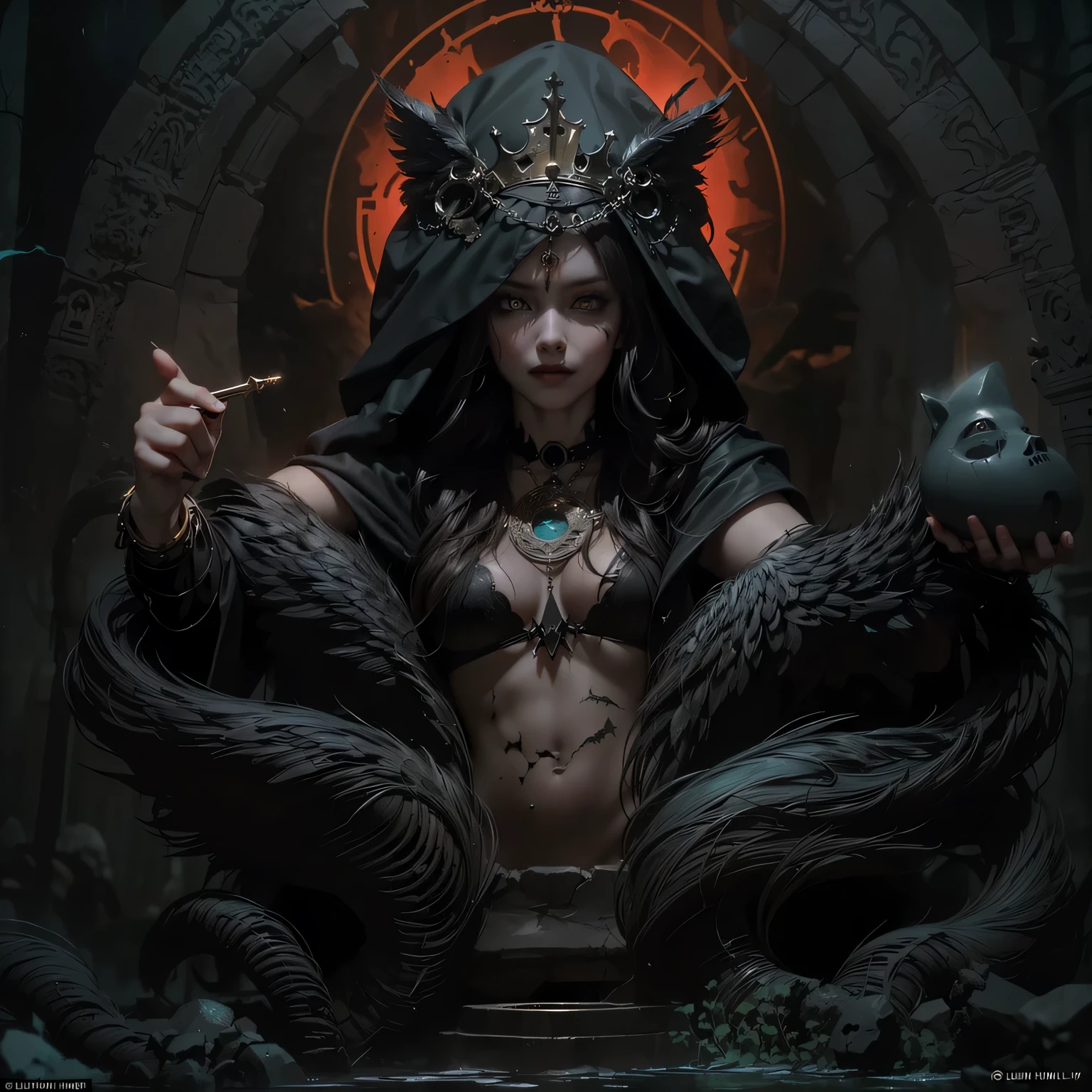 (best quality,4k,8k,highres,masterpiece:1.2),ultra-detailed, Aztec Goddess Coatlicue, salma hayek, fanged serpent headdress, wearing snakeskin leather skirt, skirt made of snakes, necklace made of human hearts, hands, and skulls, muscular female, broad shoulders, wide hips, looking at viewer, at a temple, drawn in the style of Yoshitaka Amano, HDR, 8k, absurdres, cinestill 800, sharp focus