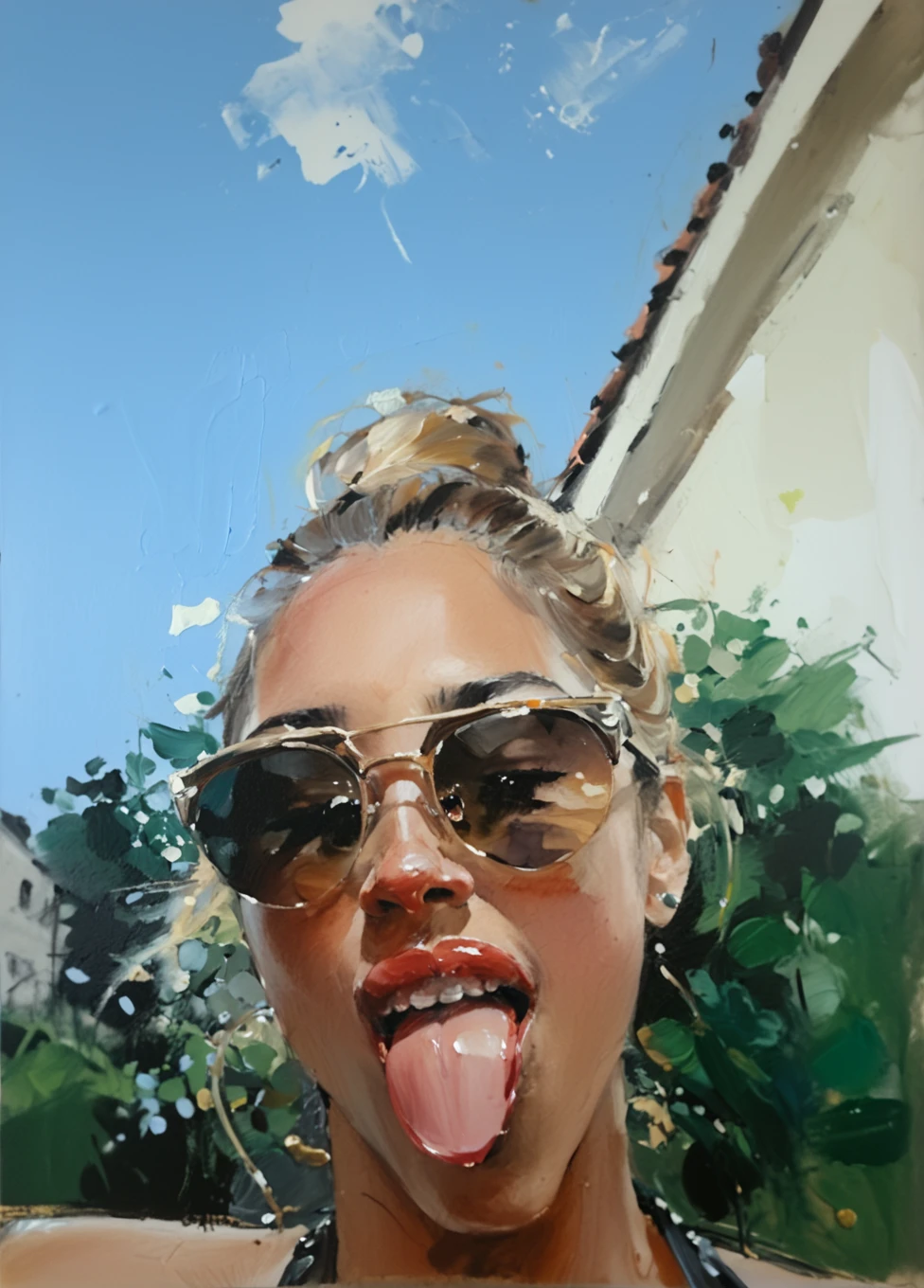 Painting by  (Fabian Perez:1.3), (Henry Asencio:1.2), (Alessandro Barbucci:1.1) ,  a beautiful, very attractive, xsexy, scantily clad, chic, mixed woman wearing stylish sunglasses, playfully (sticking out her tongue:1.3), exuding confidence and fun.., on dark background, light leaks, Acrylic Oil Painting , flat vector art , The painting is done with loose brushstrokes and vibrant rich imperial colors. The overall mood of the painting is provocative, xsensual