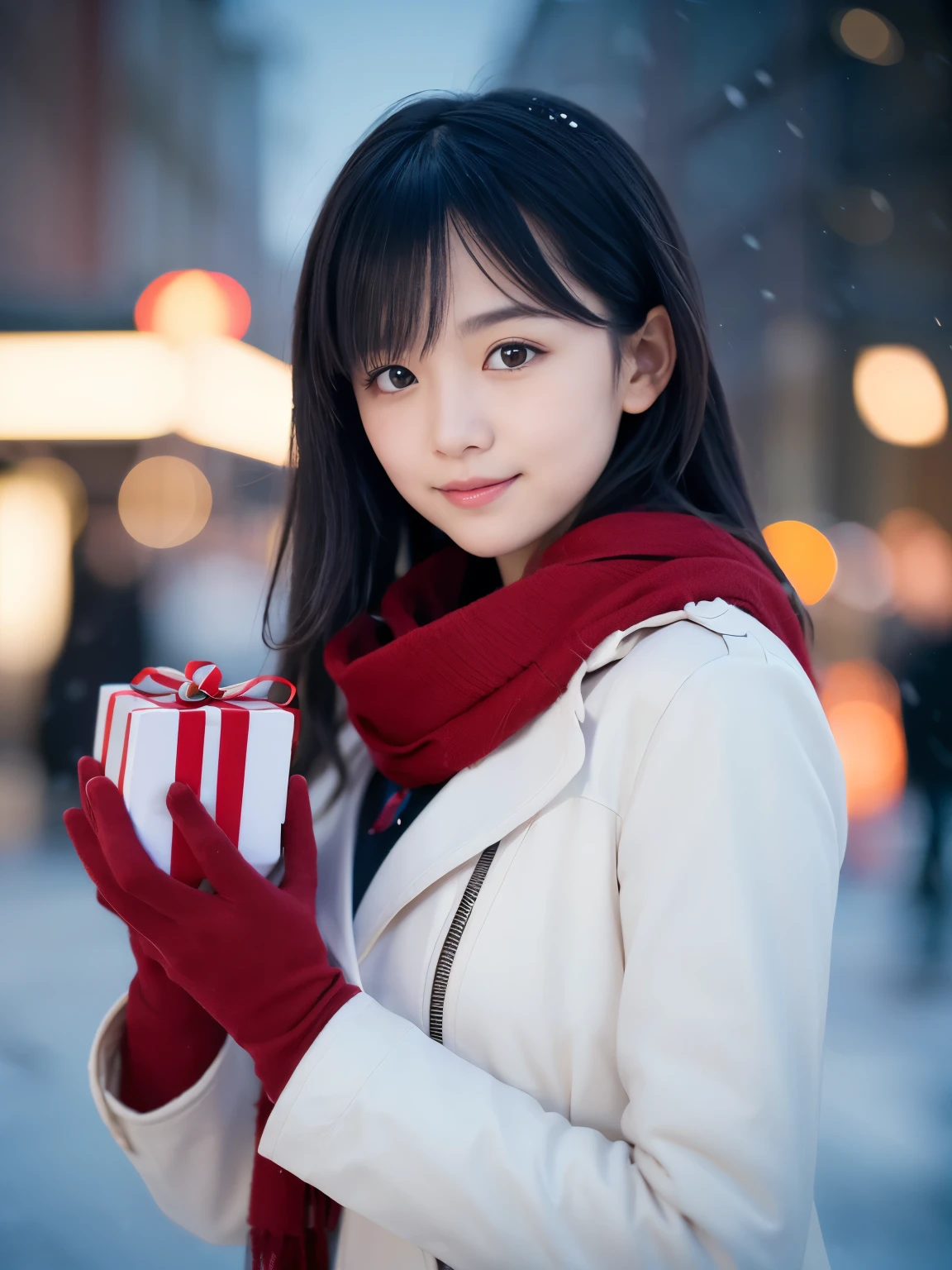 (Close-up face shot of one slender small breasts two side up black middle long hair with bangs girl in a winter white long coat and red scarf:1.5)、(One girl is holding a gift box with gloves in hand with small smile:1.5)、(Winter night street corner with heavy snowing and Christmas lights in Japan:1.5)、(blurred background:1.5)、(Natural light:1.5)、(8k ultra detailed master piece:1.5)、(perfect anatomy:1.5)、(Photorealistic stick:1.5)、(Raw photo:1.3)、(highest quality:1.5)、(High resolution:1.3)、(Delicate and beautiful perfect face:1.3)、(Delicate and beautiful eye air skin:1.3)、(Real Human Skin:1.3)、((thin legs))