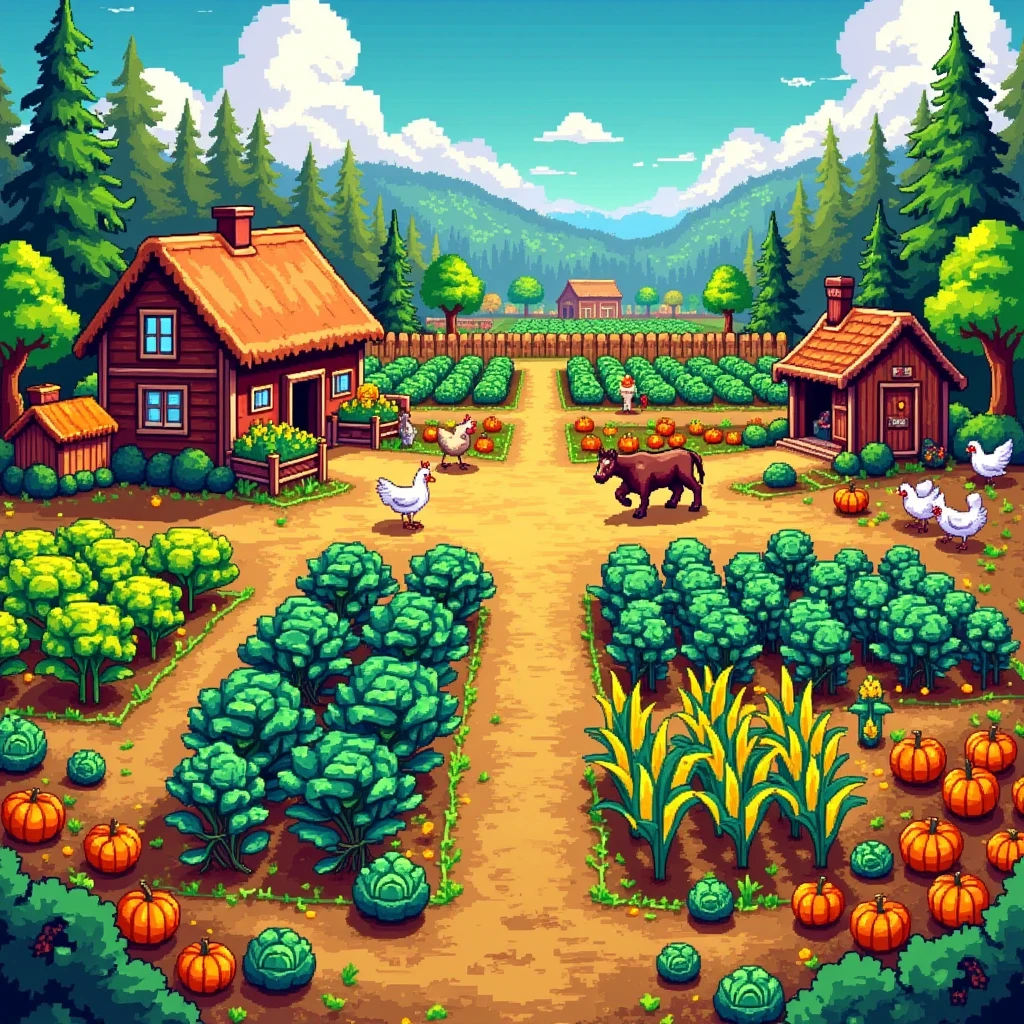 A picturesque landscape of a farm from a top-down perspective, reminiscent of the charming pixel art style seen in the popular video game Stardew Valley. The scene is set during the day, with a bright and clear sky overhead. In the foreground, a variety of vibrant crops are neatly organized in rows: plump pumpkins, tall corn stalks, and lush green cabbage. Scattered around are some farm animals: a few chickens pecking at the ground, cows grazing slightly off to the side, and a faithful brown workhorse near a rustic wooden barn. To the far left, a quaint farmhouse with a thatched roof is seen amidst the beautiful, pastoral surroundings.