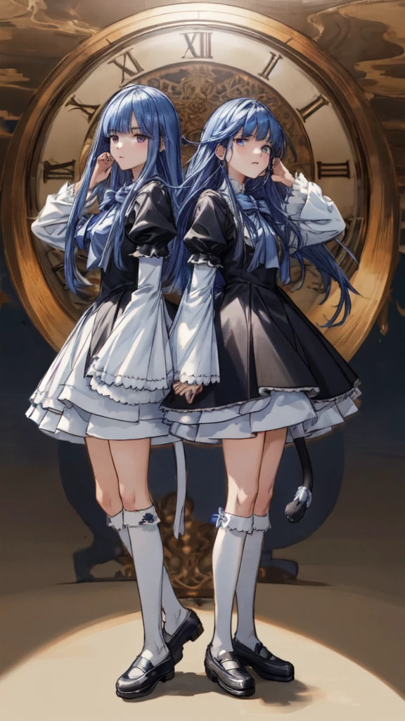 The image shows two females standing on a reflective street. The first is dressed in an elaborately detailed costume, which includes a black and white dress with a blue bowtie, knee socks, and black shoes. The costume also features a cat-tail accessory attached to the lower back, and she has long dark blue hair. The second female is wearing a school uniform of the St. Lucia Academy, complete with all its distinctive details. The lighting is bright, highlighting the vibrant colors and intricate details of their costumes and surroundings. Masterpiece. Perfect. Award winner. Professional manga-anime drawing. Perfectly well drawn hands. Perfect hands:1. The background has some kind of deformed huge clock featuring various numeric systems, slightly deformed due to chemical exposure. The clock is intricately designed with Roman numerals, Arabic numerals, binary code, and ancient numeric symbols. The deformations give the clock an abstract, almost surreal appearance, with parts of the clock face warped and distorted. The colors and textures reflect the effects of chemical reactions, creating a unique and striking visual (masterpiece), (best quality). Two females standing:1. (((TWO FEMALES)))