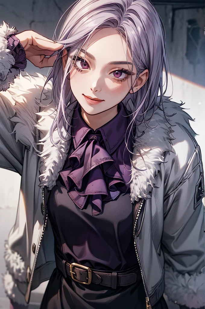 1 Girl, Yun Jin Lee, dead by daylight, Light Purple Straight Hair, White Faux Fur Short Shrug Jacket, Purple Tie Neck Ruffle Trim Satin Blouse, light smile, close up, 