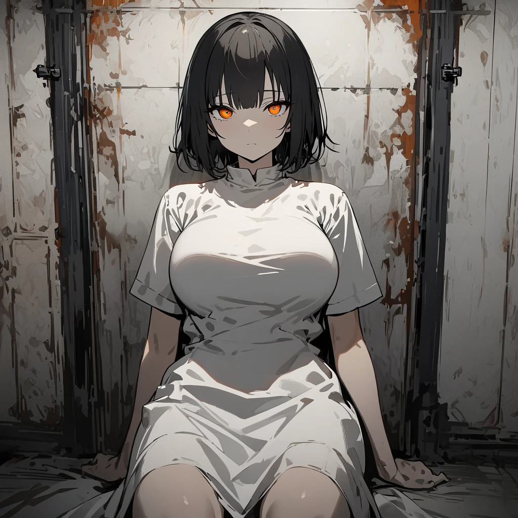 A hanged girl with decayed body and rotten skin. She is an abandoned patient. Hanged with rusted chains, Wearing white patient-robe, Eerily smiling showing her fangs. Suspended corps at the abandoned surgery room with modern interior, Still alive, Undead, Dripping bloods, Floating feet, Light-out, Midnight, Nightmare, Dark atmosphere, Grotesque, Horror