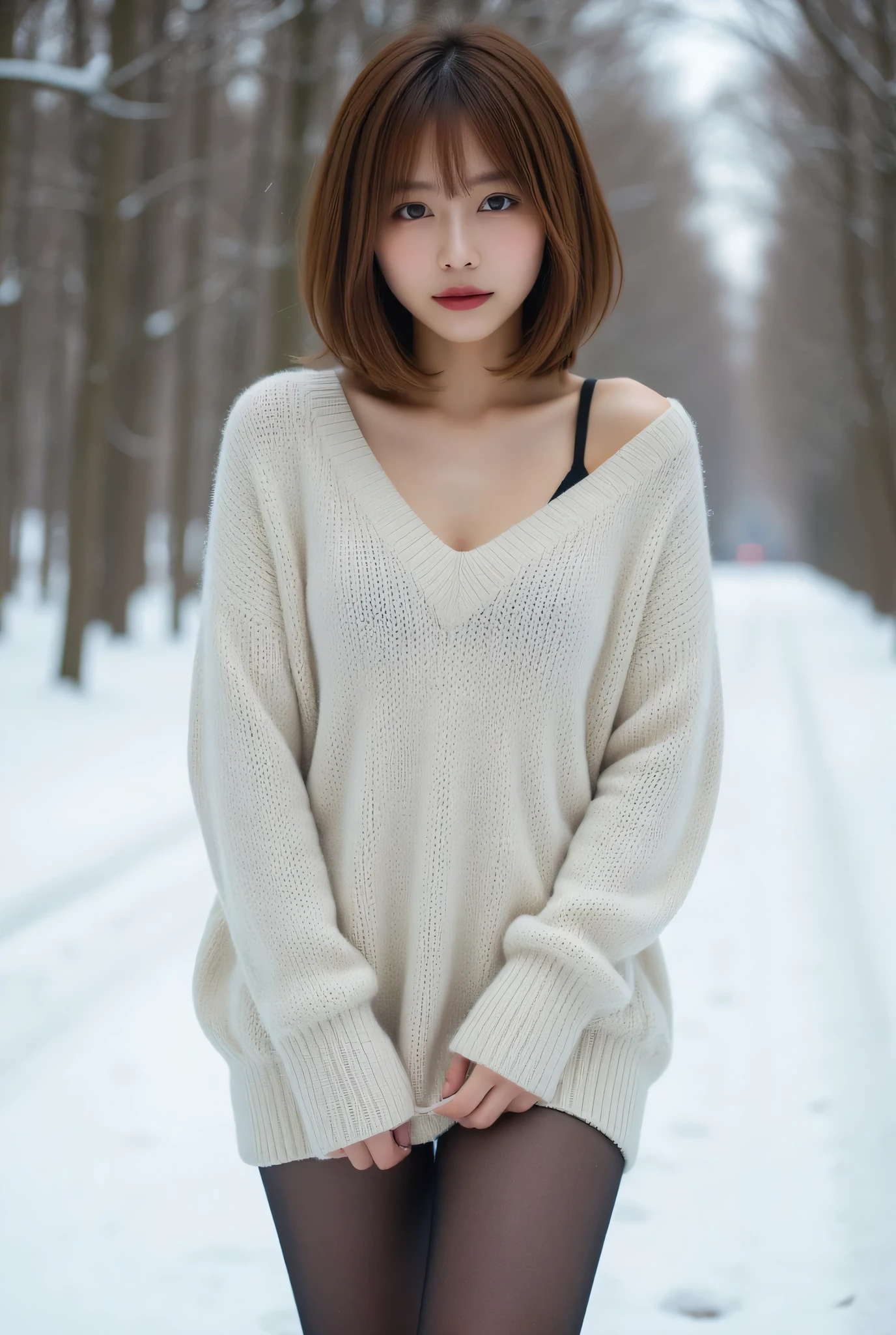 Beautiful white and radiant skin、 Chestnut hair that changes with light 、long bangs that block the view between the eyes 、 Cheek Gloss Highlights 、 sexy and very beautiful lovely amazing face、 World's Most Beautiful Face 、 short bob、 Straight Smooth Hair 、Big Breasts、 Beautiful breasts、 clevis、 Big Bright Eyes 、Beautiful Bangs、 beautiful and beautiful woman 。Small Face Beauty、A loose white wool sweater、 off-shoulder 、 tight mini skirt、 black thick pantyhose、Snow boots、 full body shot 、 beautiful thighs、Snow Scene、