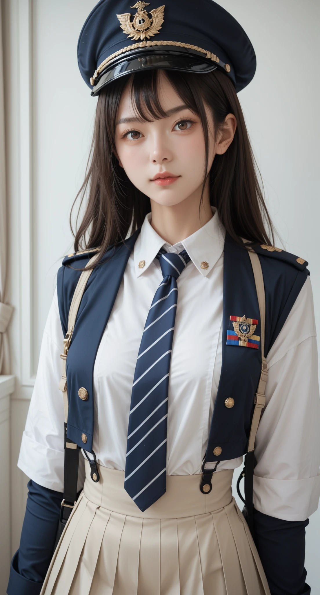 Score_9, Score_8_up, Score_7_up, 1girl, solo, young girl, looking at viewer, upper body, diesel_\(nikke\), long_hair, blue_necktie, brown_eyes, military_hat, black_hair, military_uniform, blue_hat, white_shirt, peaked_cap, collared_shirt, white_skirt, striped_necktie, pleated_skirt, indoor, bedroom background