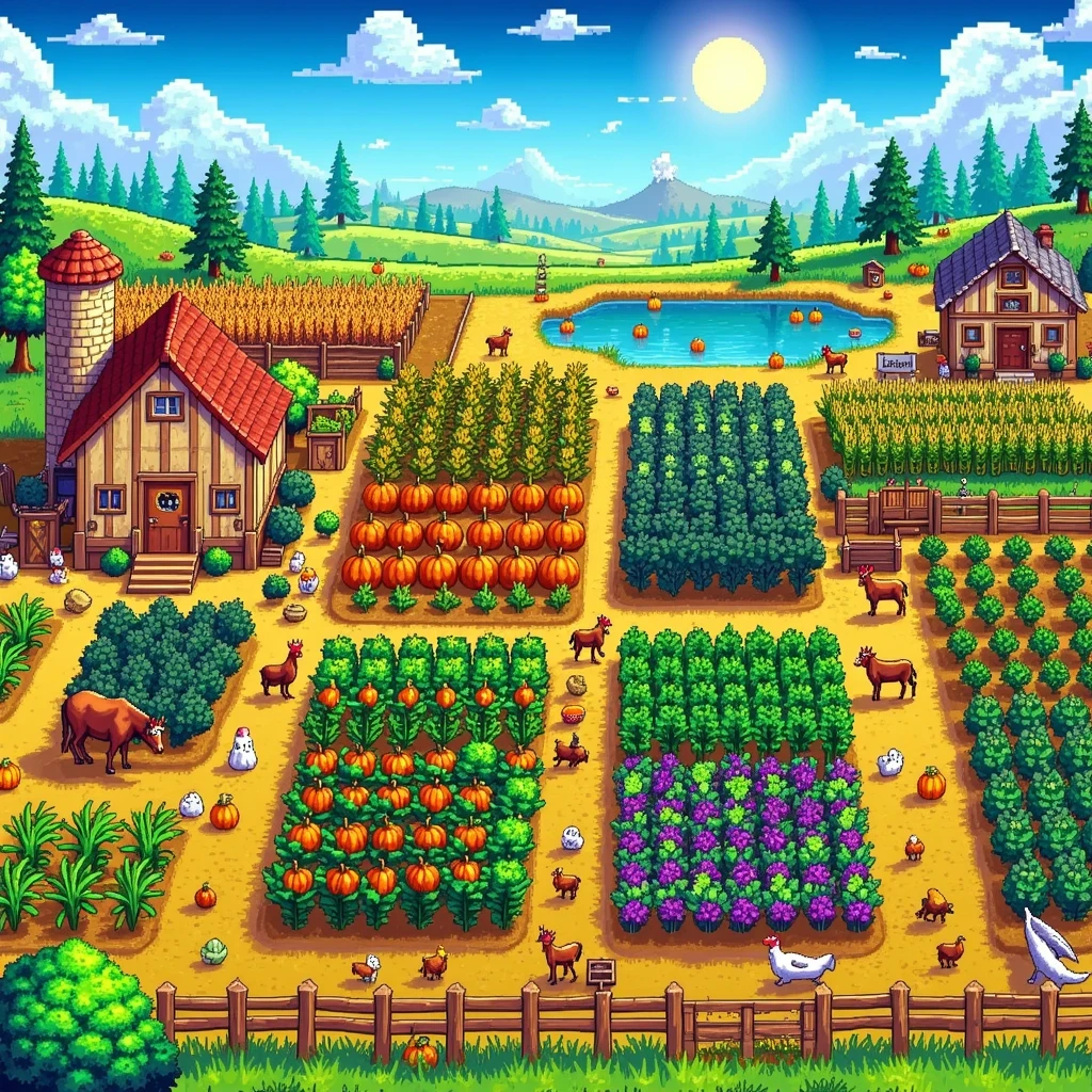 A picturesque landscape of a farm from a top-down perspective, reminiscent of the charming pixel art style seen in the popular video game Stardew Valley. The scene is set during the day, with a bright and clear sky overhead. In the foreground, a variety of vibrant crops are neatly organized in rows: plump pumpkins, tall corn stalks, and lush green cabbage. Scattered around are some farm animals: a few chickens pecking at the ground, cows grazing slightly off to the side, and a faithful brown workhorse near a rustic wooden barn. To the far left, a quaint farmhouse with a thatched roof is seen amidst the beautiful, pastoral surroundings