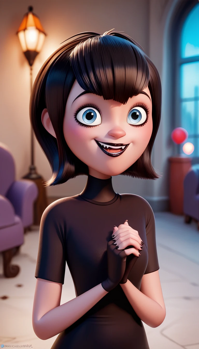 (Perfect Anatomy), Masterpiece, Ultra High Quality, 8k, masterpiece, Highest quality, Ultra-high resolution, Maximum resolution, Very detailed, Professional Lighting, Disney, young female, Mavis Dracula, a young vampire woman with a slim-yet-shapely figure, small fangs, pale-fair skin, light blue eyes, silky black hair kept into a bob with V-shaped bangs. Black lipstick, nail polish and eyeshadow around her eyes. Happy to suck cum, nasty vampire.
Wear short-sleeved black turtleneck sweater-dress, red-striped black leggings, red high-top sneakers, (fingerless, black tule-gloves).