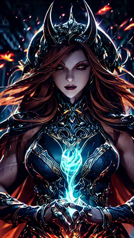 Full-length portrait of a stunning young alien female warrior: athletic build, large lush breasts, pale lilac skin with a pearly sheen and barely noticeable scales on the shoulders, oval face with high cheekbones, large almond-shaped green luminous eyes without pupils, elegant elven, fiery red loose hair with bioluminescent luminous strands, similar to the silver constellations. patterns on cheeks and temples, sharp fangs visible in a confident half-smile, long fingers with small webbing and suckers, luminous spots along the spine that change color depending on emotions, a determined expression, a ready-to-fight pose with futuristic weapons, tight-fitting armor, small gills behind the ears, a detailed sci-fi concept-art in 8k format"