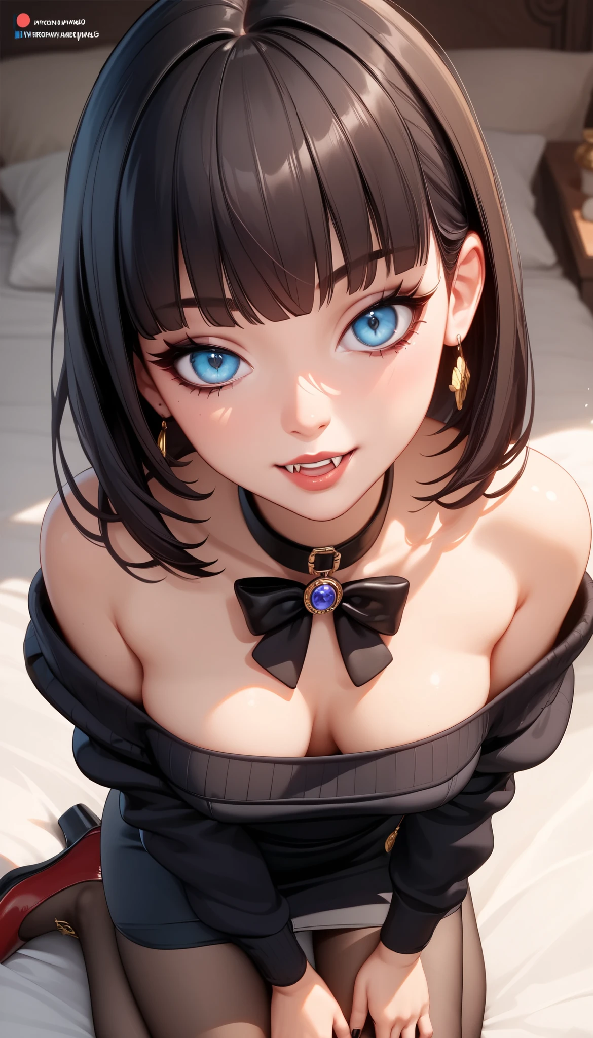 (Perfect Anatomy), Masterpiece, Ultra High Quality, 8k, masterpiece, Highest quality, Ultra-high resolution, Maximum resolution, Very detailed, Professional Lighting, Disney, young female, Mavis Dracula, Mavis is a beautiful young vampire woman with a slim-yet-shapely figure, small fangs, pale-fair skin, light blue eyes and silky black hair kept into a bob with V-shaped bangs. Black lipstick, nail polish and eyeshadow around her eyes.
Wear short-sleeved black turtleneck sweater-dress with red-striped black leggings, and red high-top shoes, fingerless, black tule-gloves which acts as long sleeves for her dress.