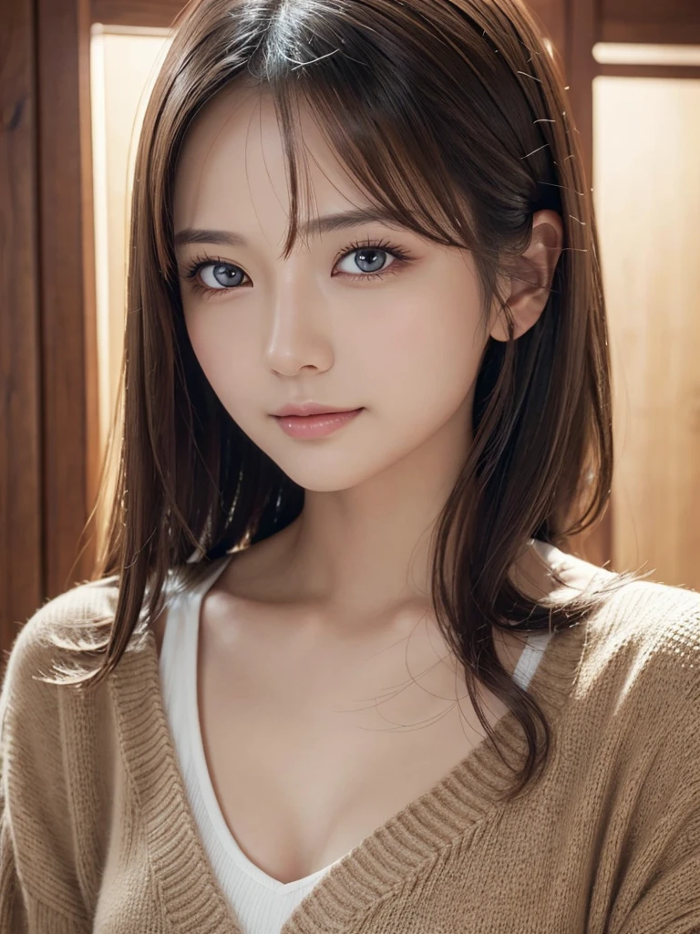 masterpiece, highest quality, 8k, 20th generation, Big Breasts, cute, alone, sad, cute, Girlish, cute、Delicate girl, Pure beauty, RAW Photos, Professional photography, Portraiture, Soft Light, Professional Lighting, Backlight, Head to knee photo, avert your eyes, Sophisticated, Film Grain, (Round face、Young Face、Thin eyebrows、Thin lips:1.0), Floating Hair, beautiful, Flowing hair, bangs, White blouse、pastel cardigan、(Big Breasts:1.u can see the chest a little、Micro Mini Skirt、Voluptuous thighs、dolly make、Heterochromia iridis、Left and right eyes are different colors、Midsummer sky、Cumulonimbuidsummer Beach