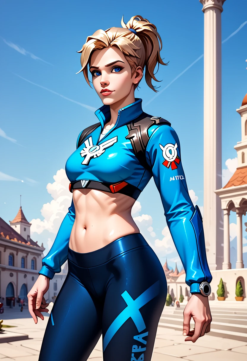 1 ,(Alone), (cowboy shot:1.4), (masterpiece:1.2), ( best quality:1.2), looking at the viewer , dynamic pose , ( ultra detailed ),realistic,  perfect eyes,blue eyes, short blond hair,short and high ponytail,compassion/(Overwatch/),asas duplas, leggings,crop top, 