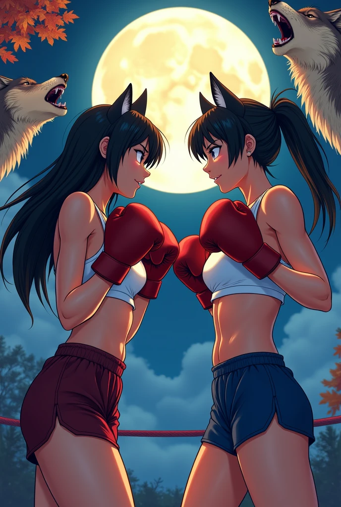 NSFW , In the Jungle , Jungle defense fight , minimum Weak Human and Giantess Strong Panther , Fullbody shot , Wear Panther pattern Monokini swimsuit with pantyhose , Female boxing Face to face, So huge breasts.