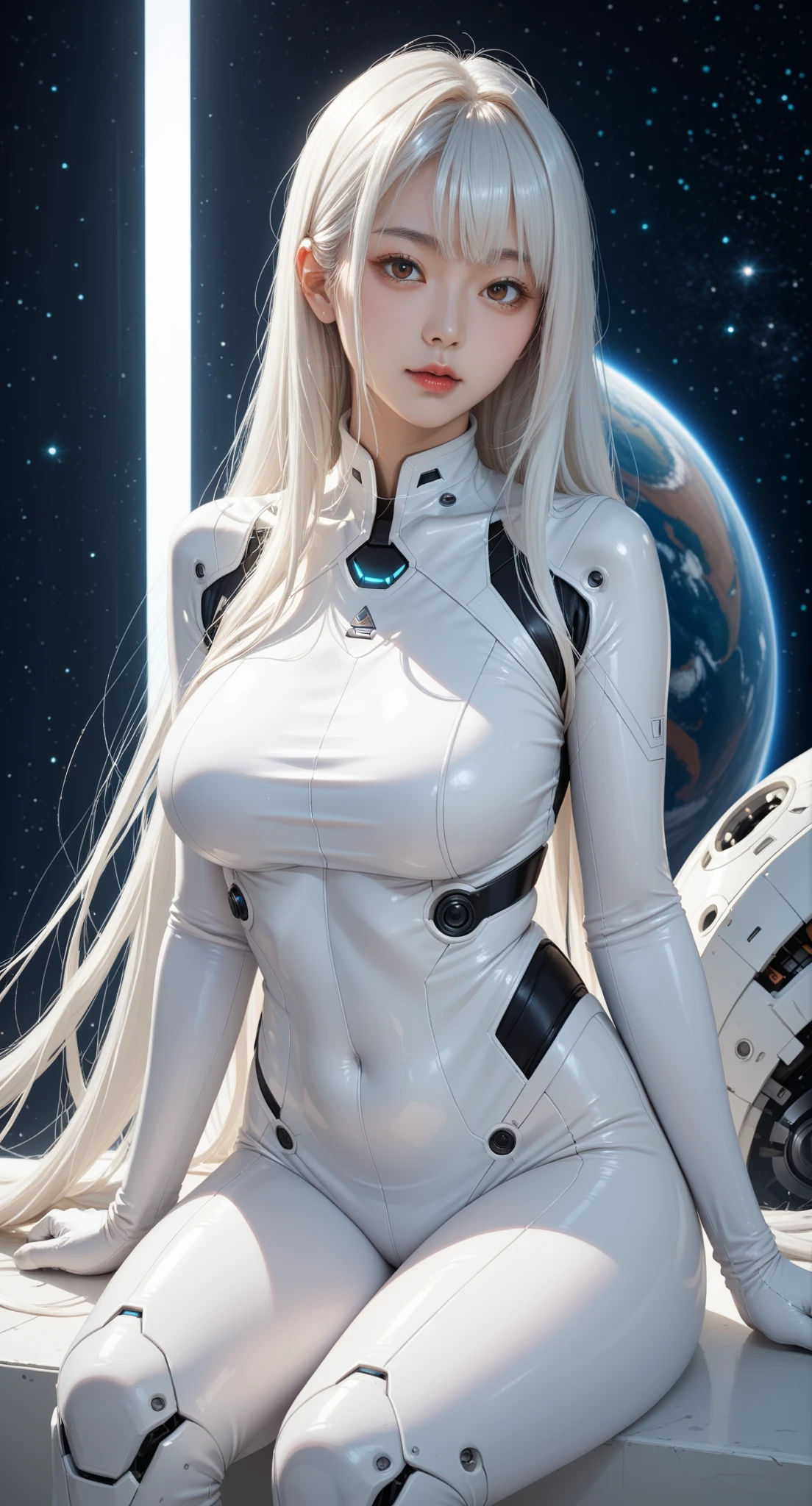 score_9, score_8_up, score_7_up, 1girl, solo, Korean girl, looking at viewer, upper body, (very long hair, white hair, bangs, brown eyes), big breasts, android, bodysuit, (sitting:1.3), (space background)