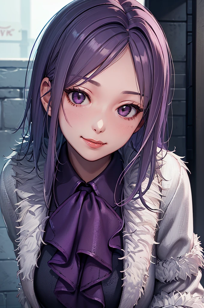 1 Girl, Yun Jin Lee, dead by daylight, Light Purple Straight Hair, White Faux Fur Short Shrug Jacket, Purple Tie Neck Ruffle Trim Satin Blouse, light smile, close up, 